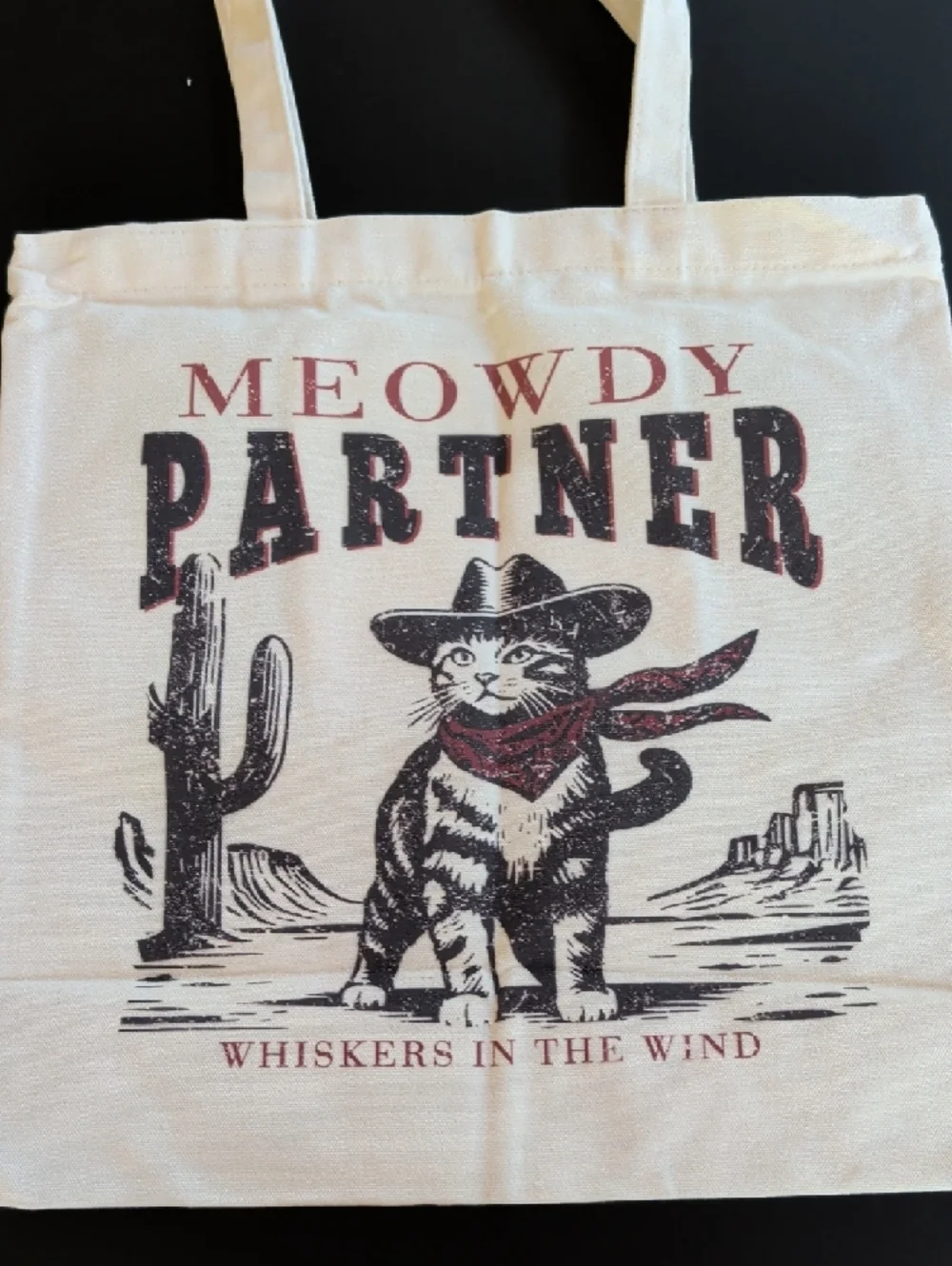 Meowdy Partner Beige Tote Bag with Red Accents
